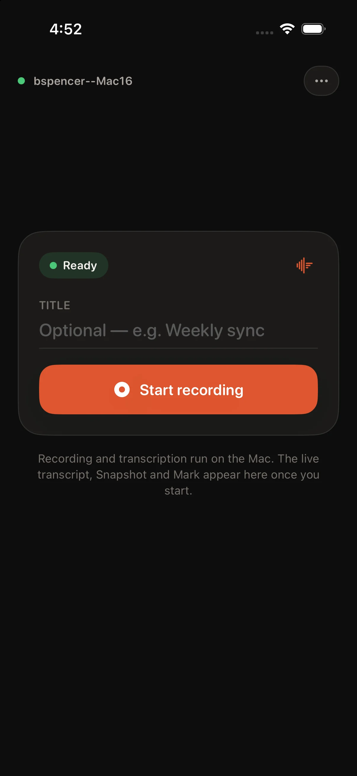 Scribe Remote on iPhone, paired and ready, with a Start recording button