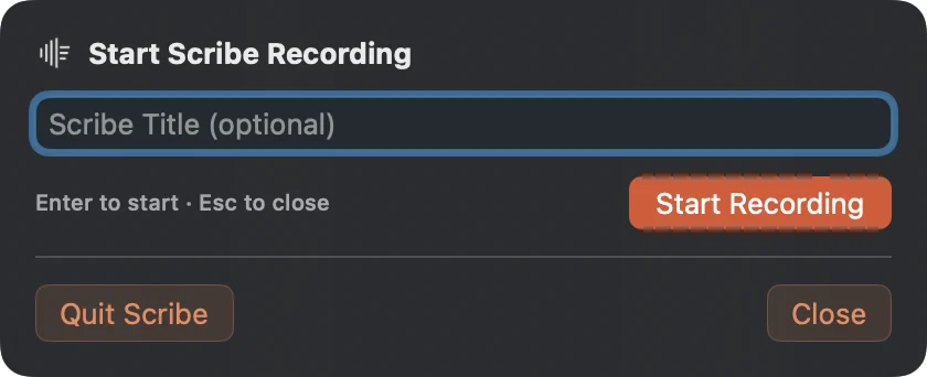 Quick Entry panel with a title field and Start Recording button