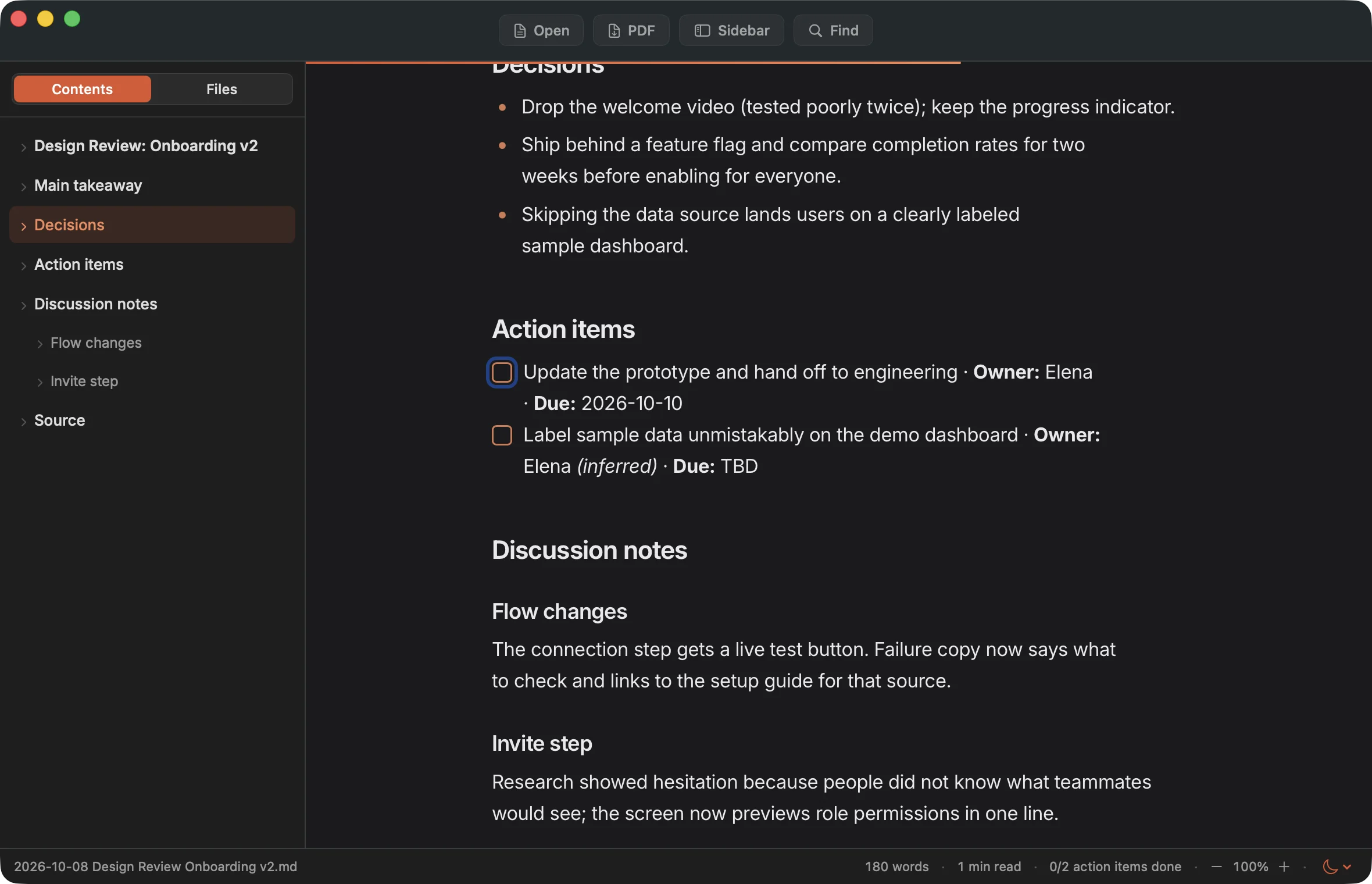 Minutes Reader showing Decisions and the Action items checklist for Design Review: Onboarding v2